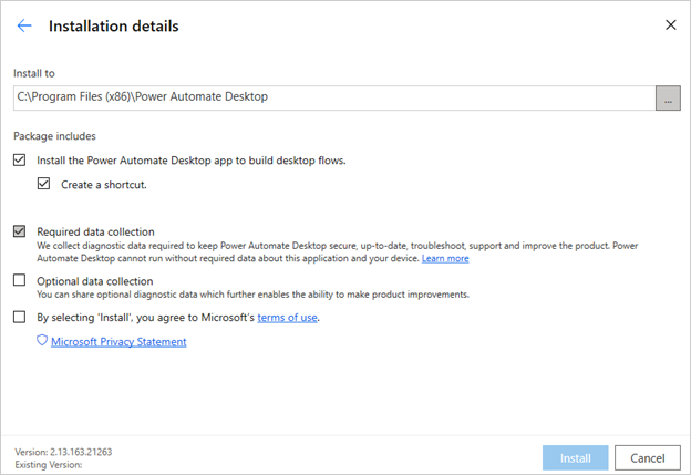 "Installation details" settings for Power Automate for Desktop.