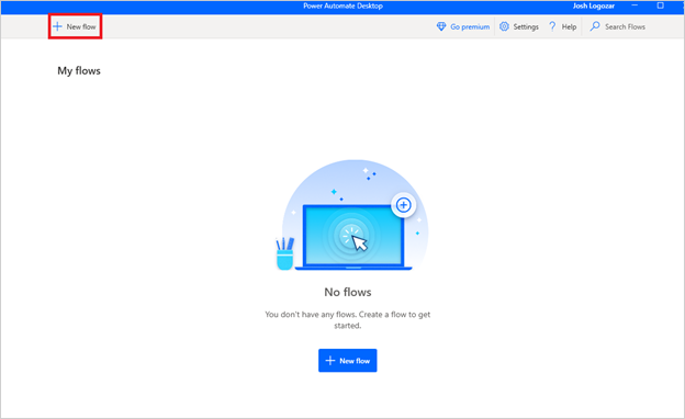The "New flow" button in Power Automate for Desktop.