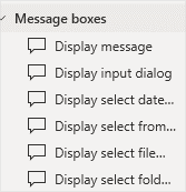 "Message boxes" dropdown with a list of available display messages in Power Automate for Desktop.