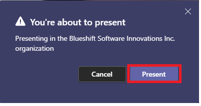 Confirmation modal before presenting a PowerPoint presentation through Microsoft Teams.