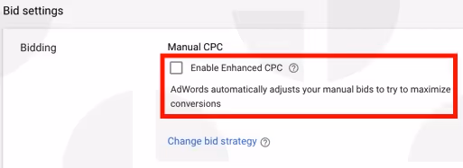 Google Shopping bid strategy: example of enhanced CPC bidding strategy.