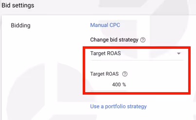 Google Shopping bid strategy: e xample of target ROAS bidding strategy.