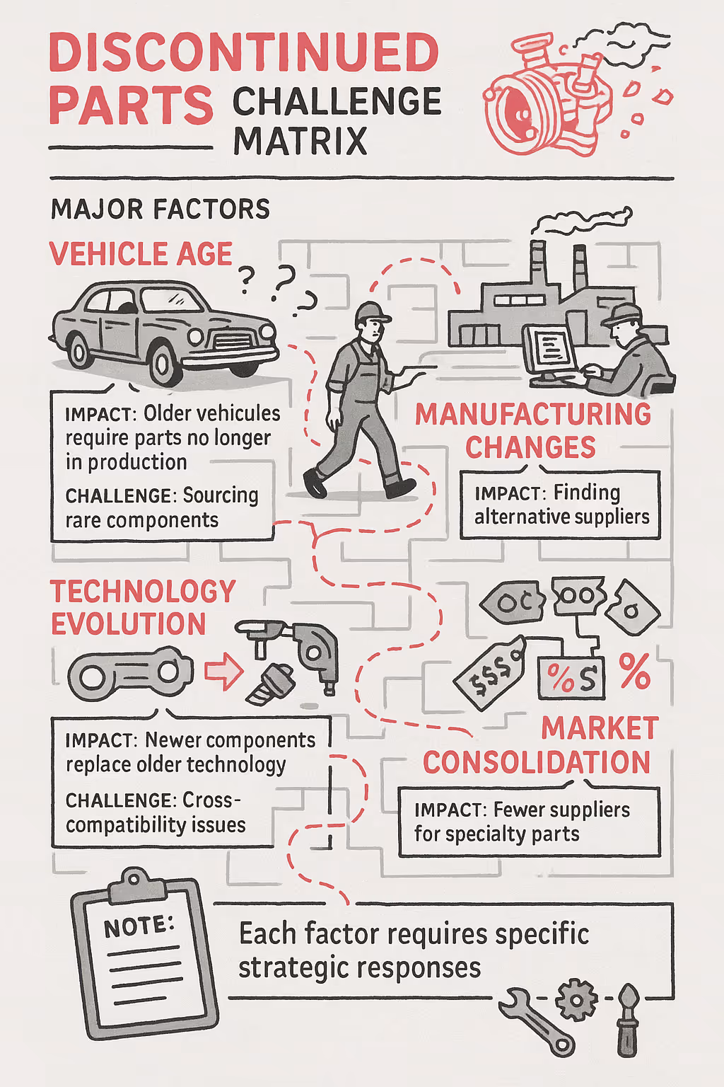 Discontinued Parts Challenge Matrix diagram showing four major factors affecting automotive parts availability: Vehicle Age (older vehicles require parts no longer in production), Manufacturing Changes (finding alternative suppliers), Technology Evolution (newer components replacing older technology causing compatibility issues), and Market Consolidation (fewer suppliers for specialty parts leading to price volatility). The diagram uses red and black text with simple illustrations of vehicles, factory, tools, and parts to visualize relationships between factors.