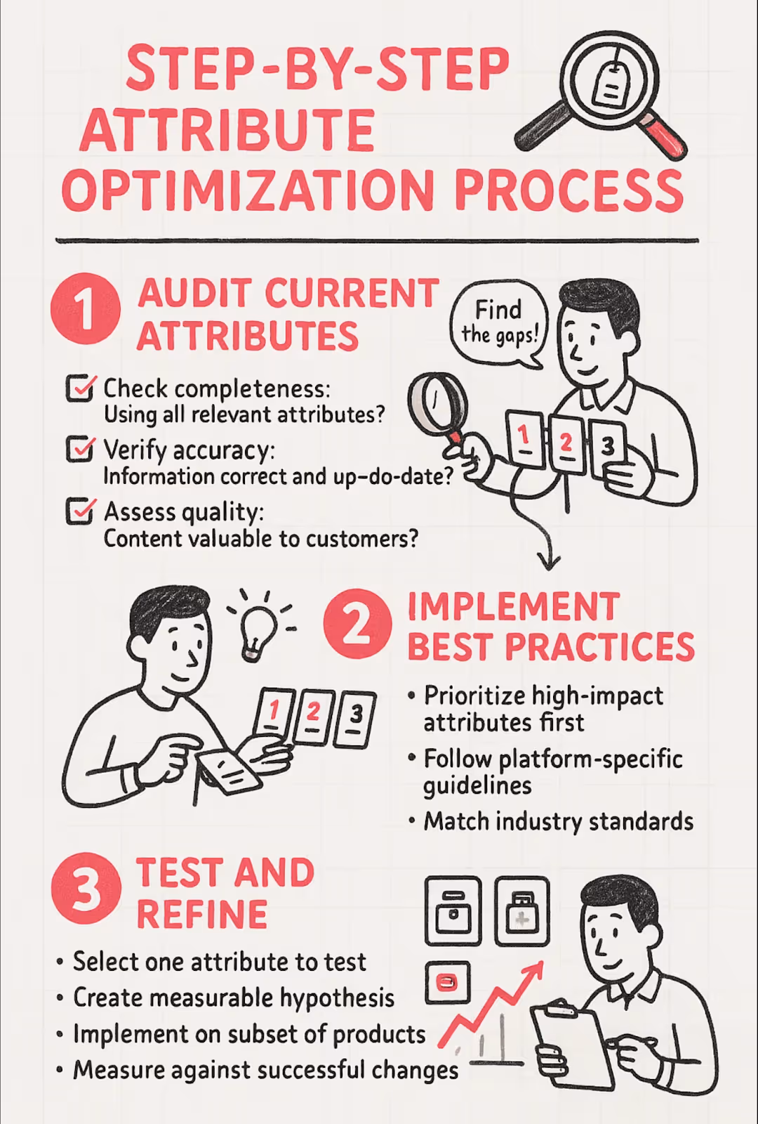 Step-by-step product attribute optimization process flowchart showing three stages: 1) Audit current attributes by checking completeness, verifying accuracy, and assessing quality, 2) Implement best practices by prioritizing high-impact attributes, following platform guidelines, and matching industry standards, and 3) Test and refine by selecting attributes to test, creating hypotheses, implementing on product subsets, and measuring results. Includes simple illustrations of people working through each stage