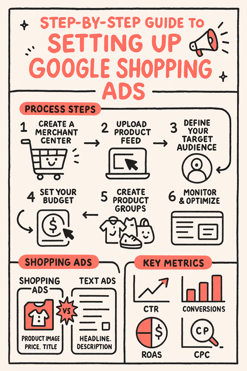 Hand-drawn infographic titled 'Step-by-Step Guide to Setting Up Google Shopping Ads' showing six process steps with icons: 1) Create a Merchant Center (shopping cart icon), 2) Upload Product Feed (laptop icon), 3) Define Your Target Audience (person icon), 4) Set Your Budget (dollar sign icon), 5) Create Product Groups (product icons showing clothing and accessories), and 6) Monitor & Optimize (dashboard icon). The bottom section compares Shopping Ads vs Text Ads and highlights key metrics: CTR, Conversions, ROAS, and CPC with simple charts and icons.