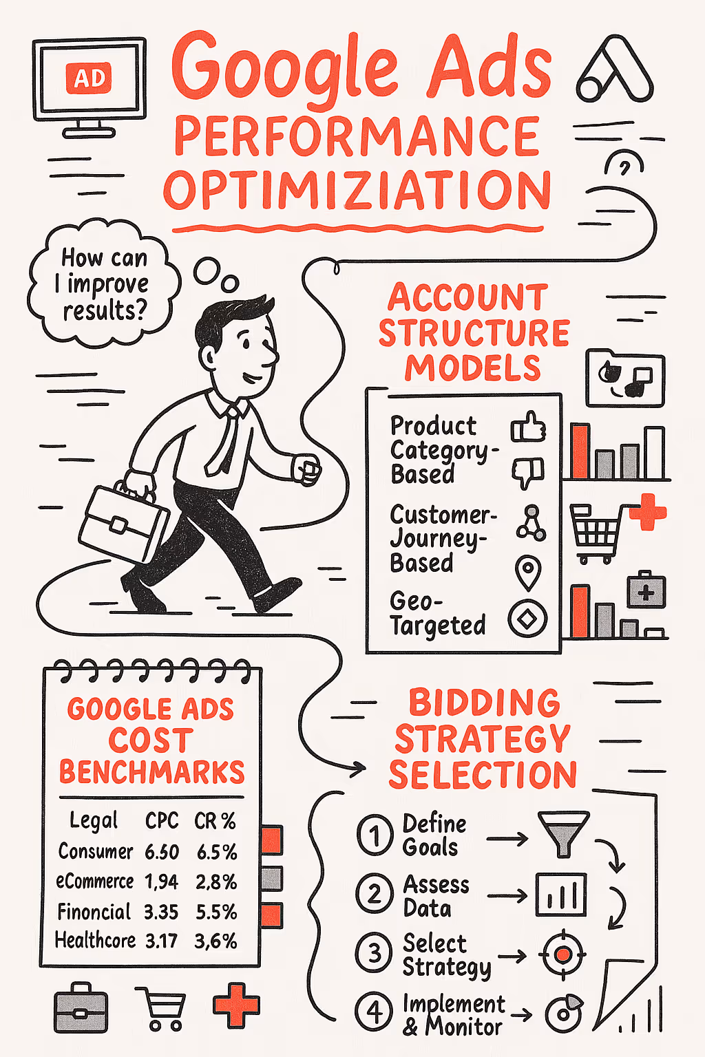 Hand-drawn sketch-style infographic titled 'Google Ads Performance Optimization' showing a businessman with a thought bubble asking 'How can I improve results?' The infographic highlights key optimization areas including Account Structure Models (Product Category-Based, Customer Journey-Based, Geo-Targeted), Google Ads Cost Benchmarks (showing CPC and conversion rates for Legal, Consumer, eCommerce, Financial, and Healthcare industries), and Bidding Strategy Selection (with a 4-step process: Define Goals, Assess Data, Select Strategy, Implement & Monitor). Simple icons and charts illustrate each concept in a visual note-taking style with red highlights for important text.