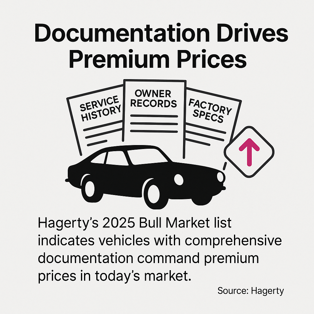 Illustration showing how comprehensive documentation increases classic car values according to Hagerty
