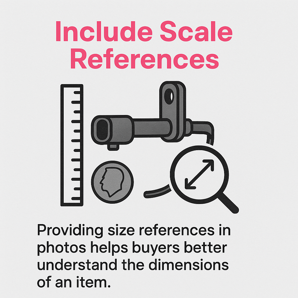 Auto parts photography showing scale references with rulers and coins next to automotive components to demonstrate accurate sizing