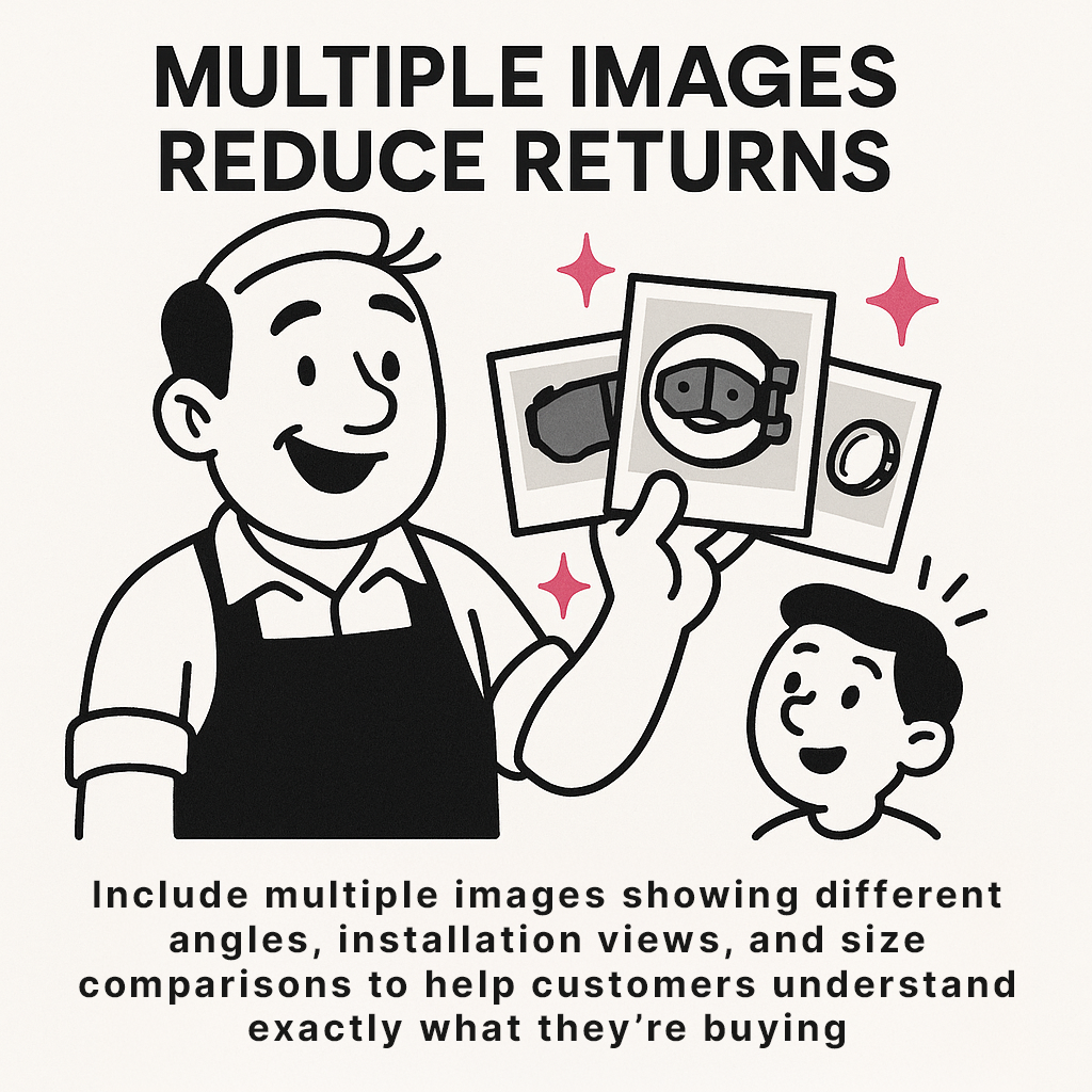 Cartoon showing auto parts seller sharing multiple product images to reduce customer returns