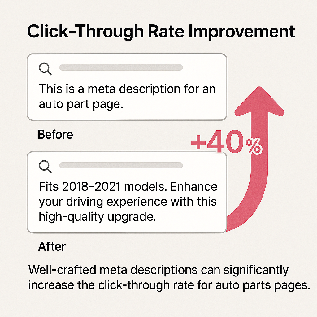Click-through rates improve by 40% with better meta descriptions that include specific fitment information and benefit-focused language