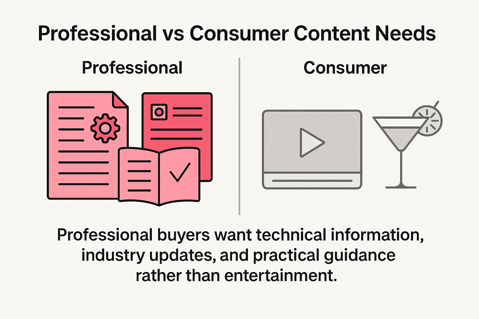 Professional buyers want technical information, industry updates, and practical guidance rather than entertainment