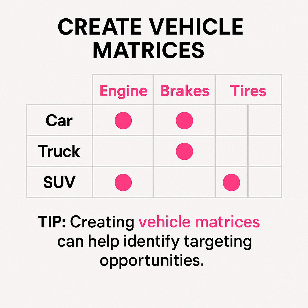 Start by creating vehicle matrices for your most profitable product categories, listing top-selling parts against popular vehicle makes and models in your market area
