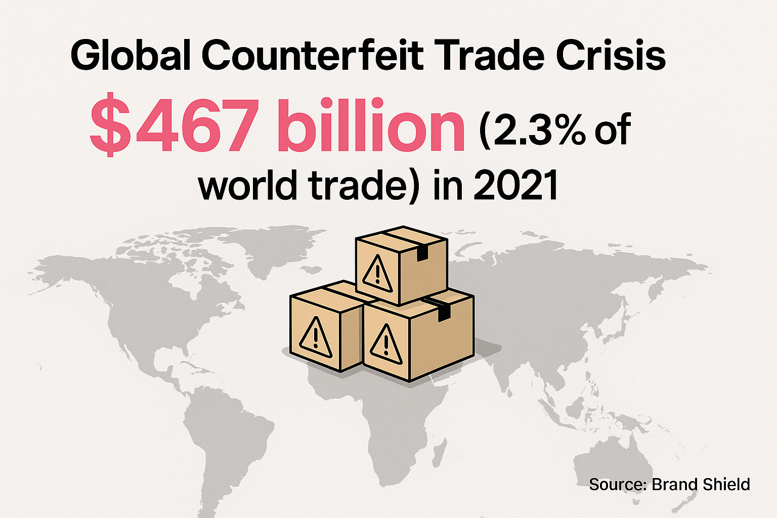 Global counterfeit goods trade statistics showing $467 billion market in 2021