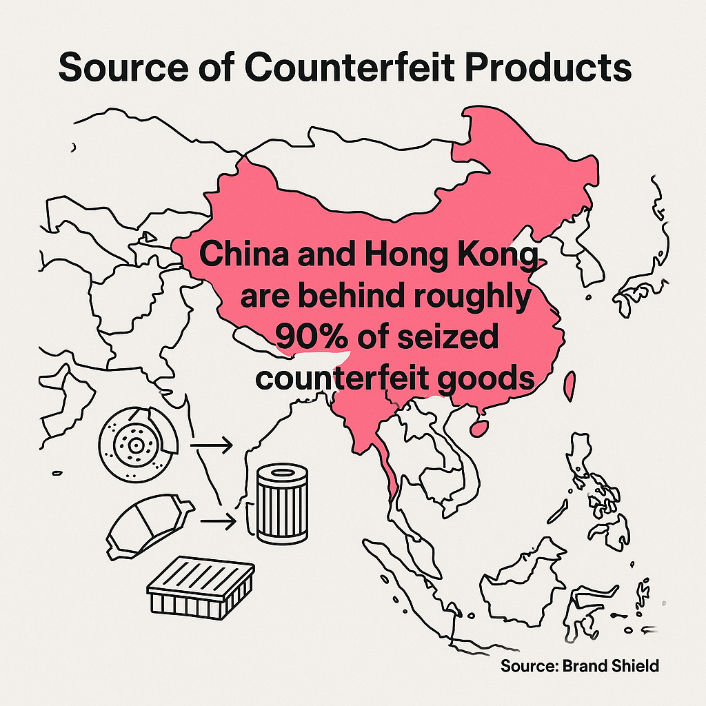 Map showing China and Hong Kong as sources of 90% of seized counterfeit goods