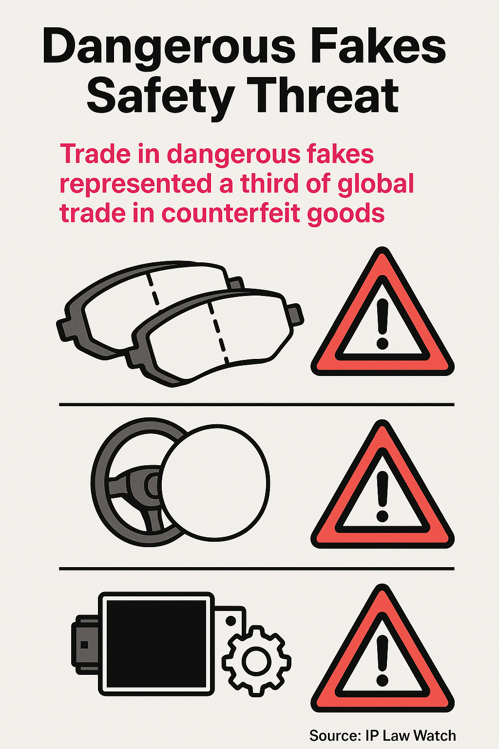 Warning graphic showing dangerous counterfeit goods statistics from OECD report
