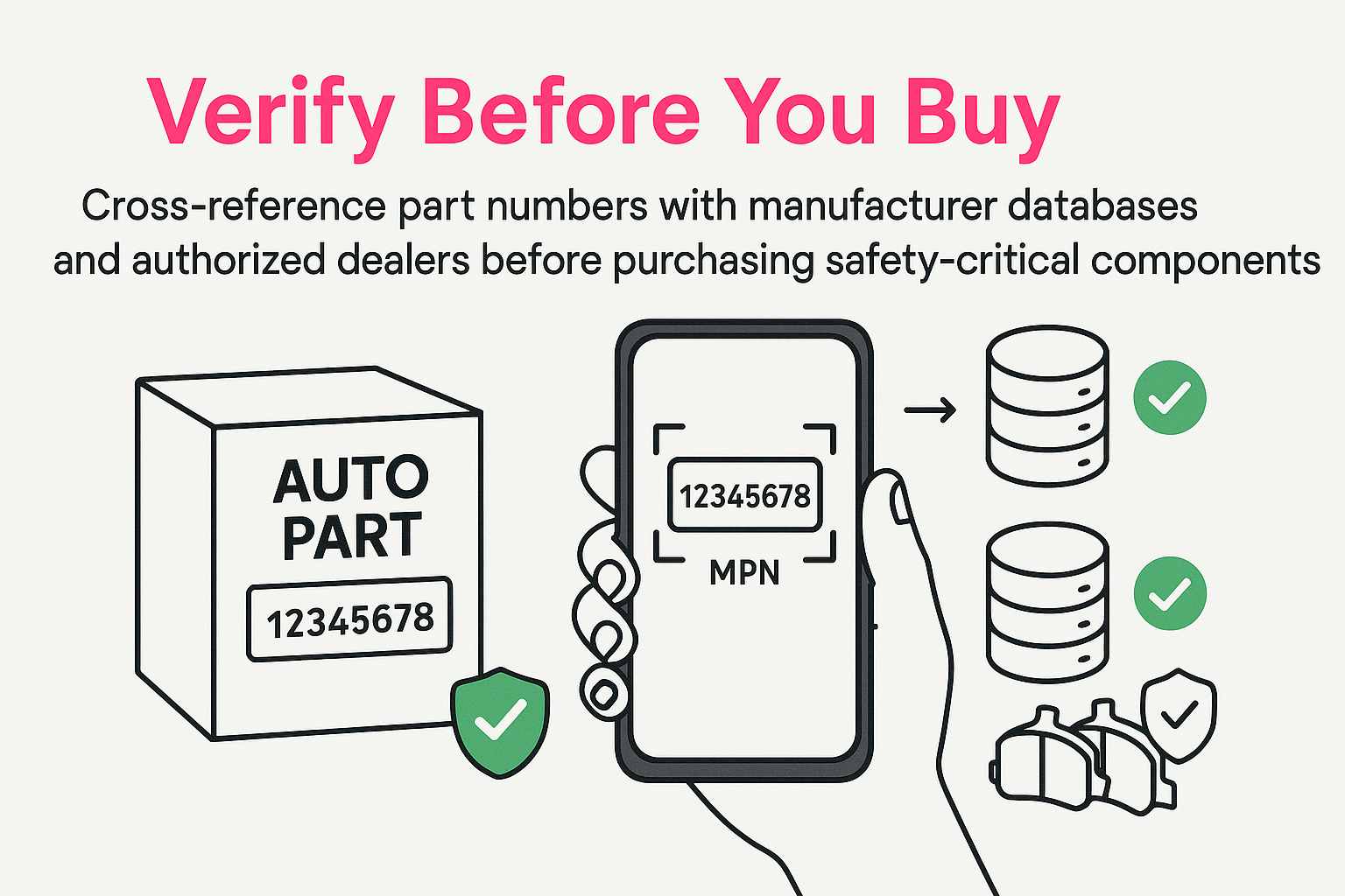 Diagram showing process to cross-reference part numbers with manufacturer databases
