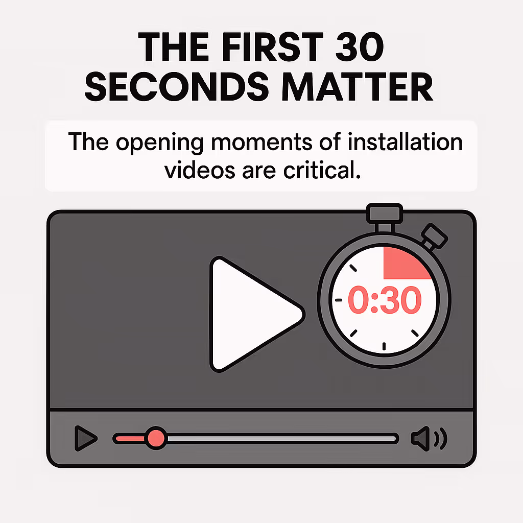 Split screen showing engaging video opening with clear part identification and viewer engagement metrics