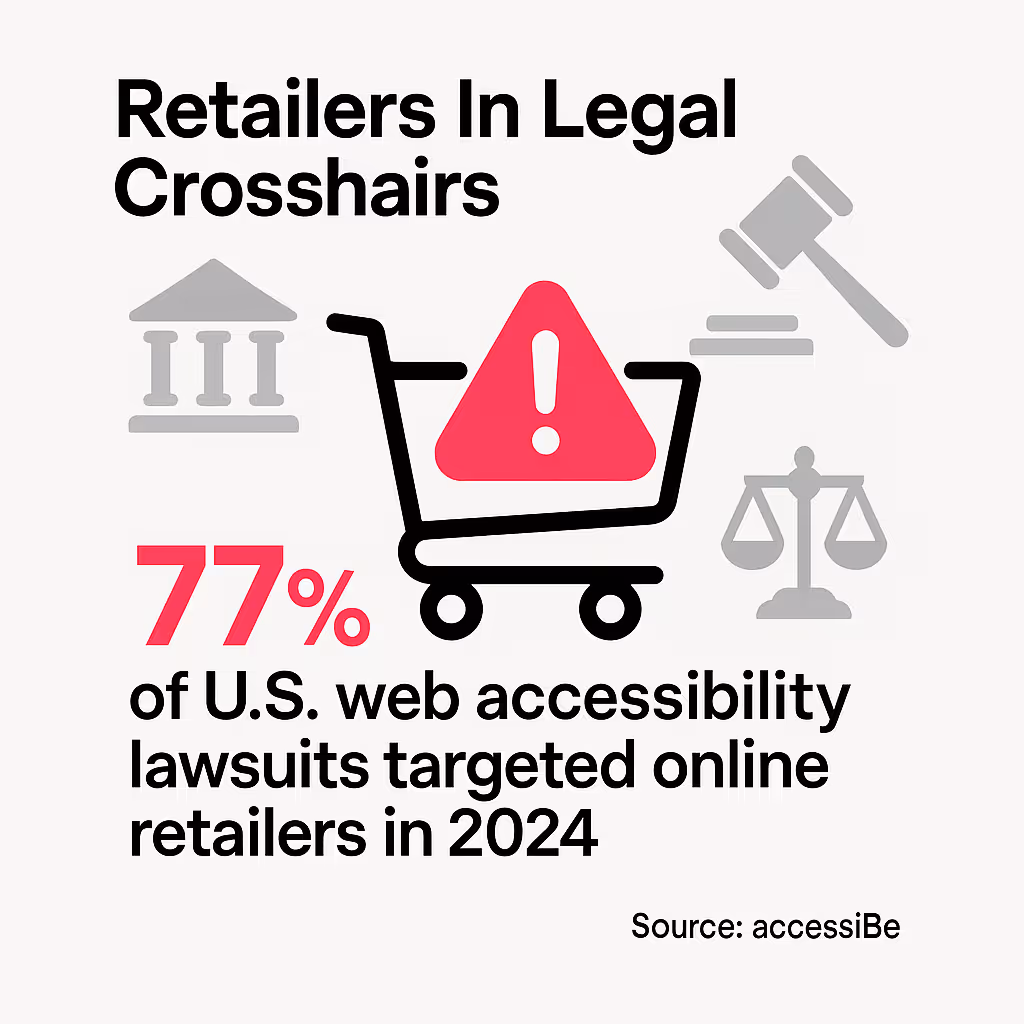 Chart showing 77% of U.S. web accessibility lawsuits target online retailers in 2024, highlighting the legal risks for eCommerce businesses