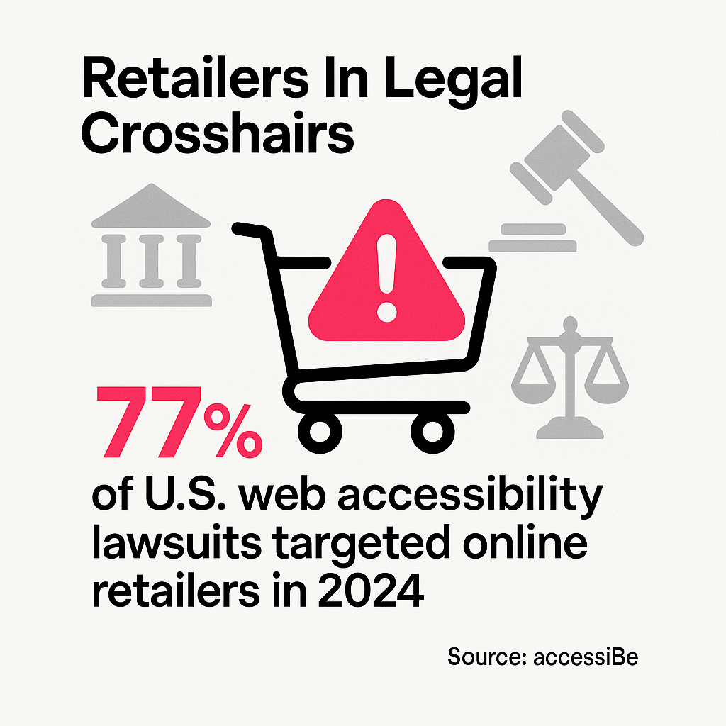 Chart showing 77% of U.S. web accessibility lawsuits target online retailers in 2024, highlighting the legal risks for eCommerce businesses
