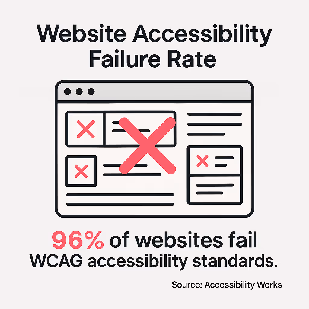 Infographic showing that more than 96% of websites fail WCAG accessibility standards, indicating widespread compliance issues