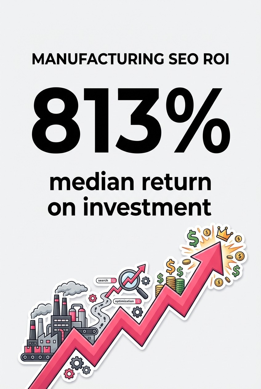 Manufacturing SEO delivers a median 813% ROI—publishing technical documentation attracts high-intent buyers.