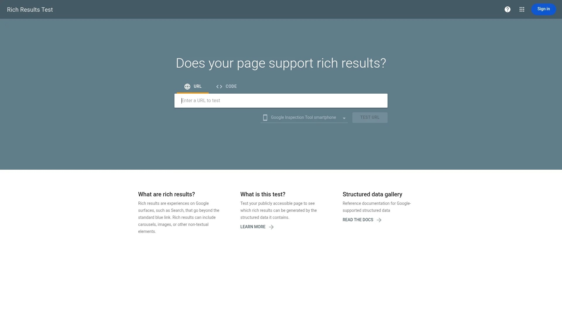 Screenshot of https://search.google.com/test/rich-results