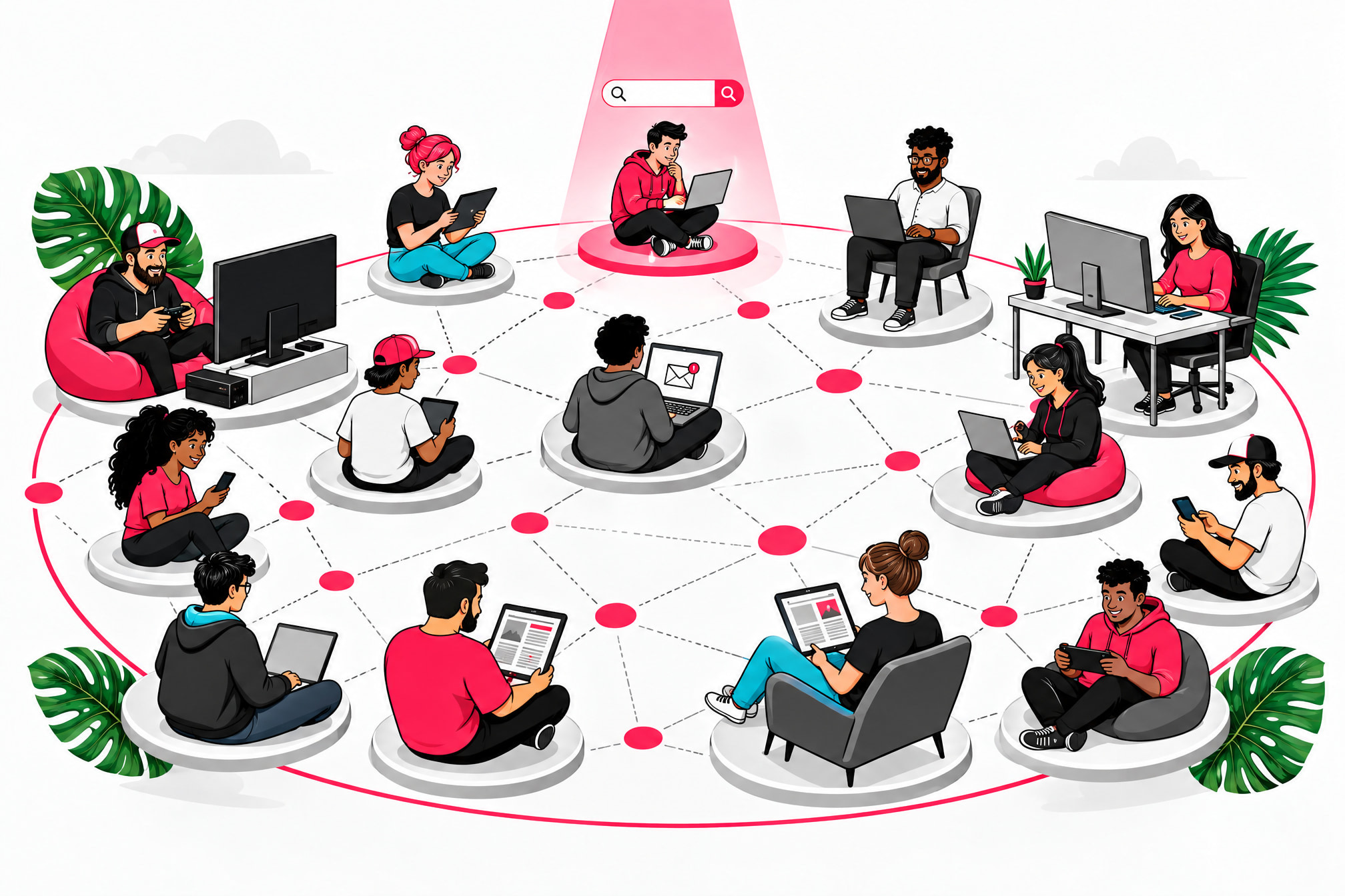 Large crowd using email, games and news while only one person searches, contrasting network reach with search demand