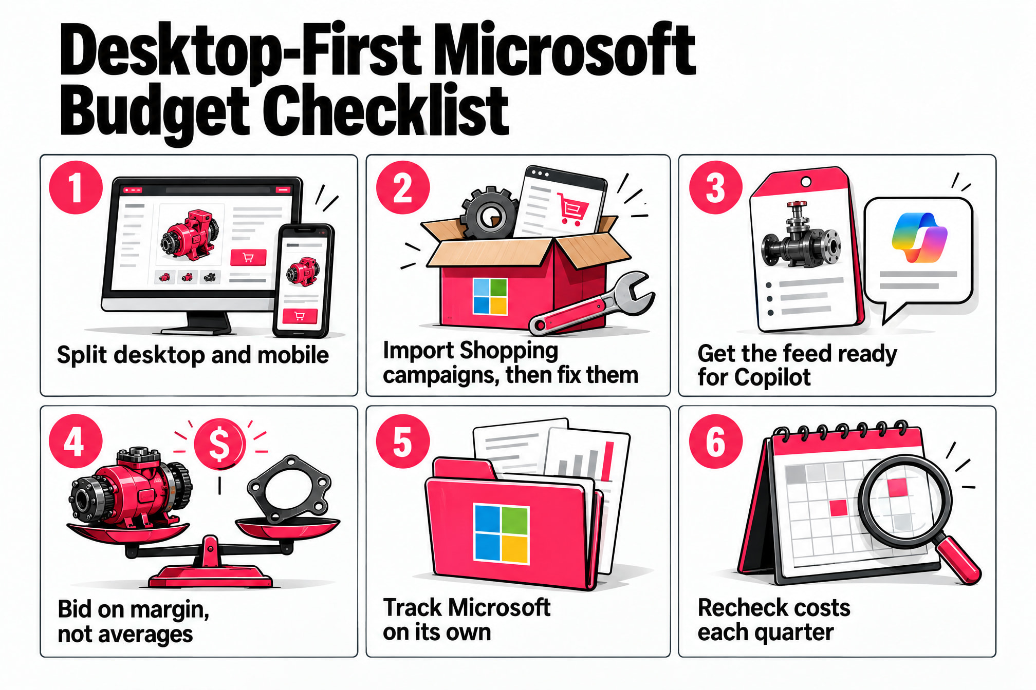 Six-step checklist for a desktop-first, feed-driven Microsoft Advertising budget for catalog stores