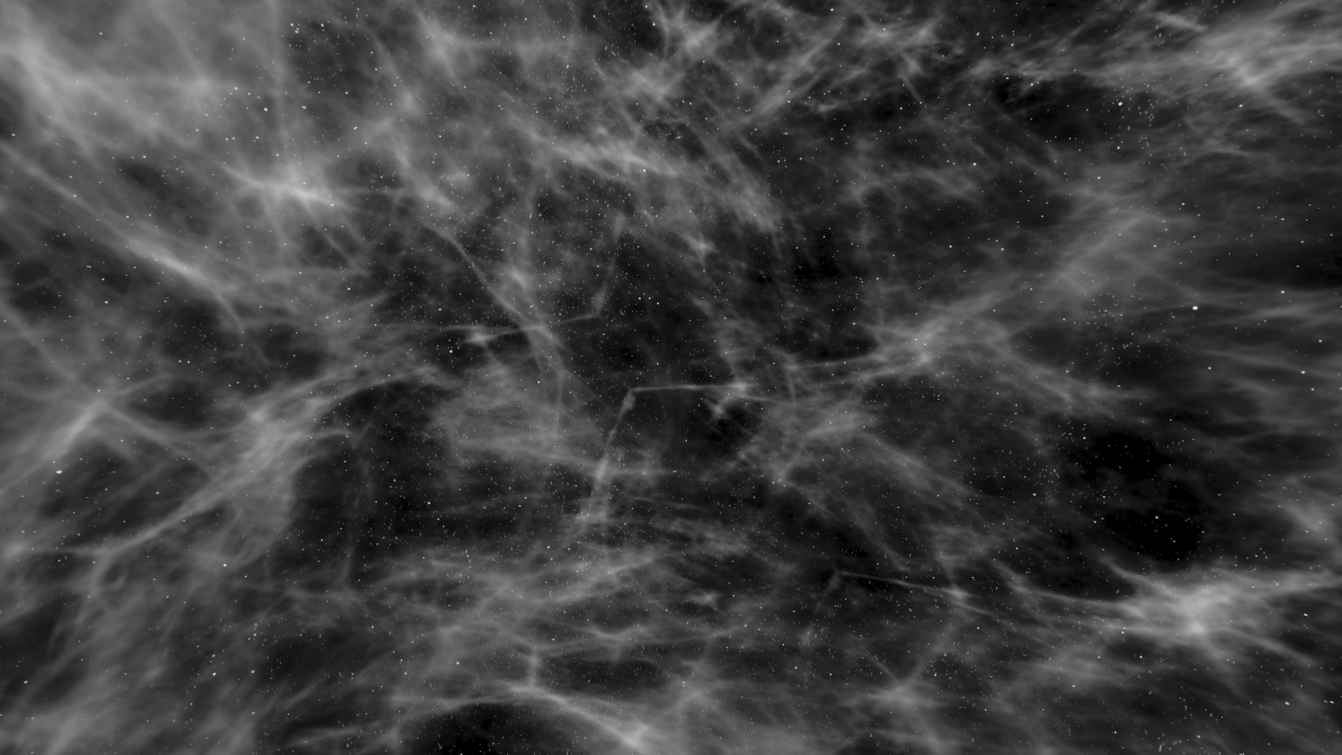 Black and white image of a dense cosmic nebula with swirling clouds and scattered stars.
