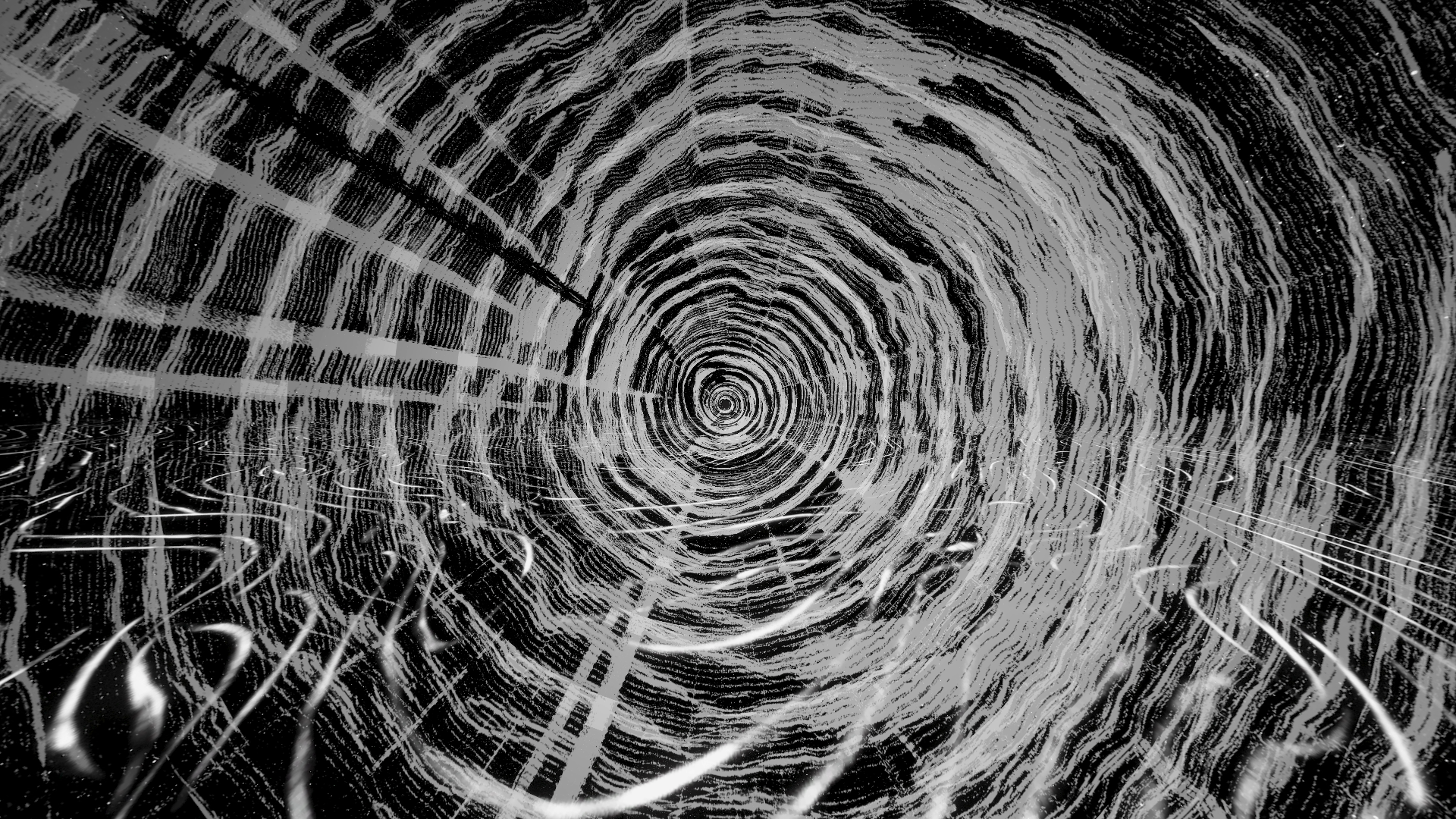 Close-up view of concentric tree rings with light streaks across the image, resembling a woodcut pattern.