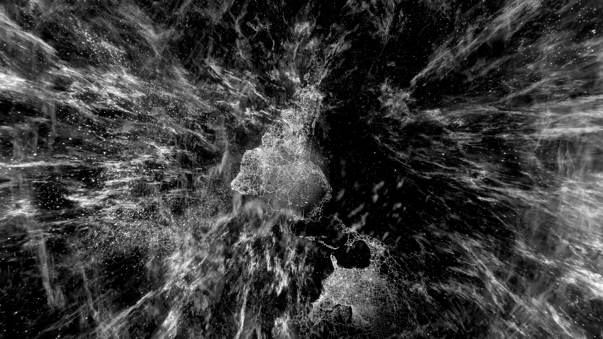 Black and white abstract image showing a network of fine, web-like structures surrounded by swirling mist or fog.