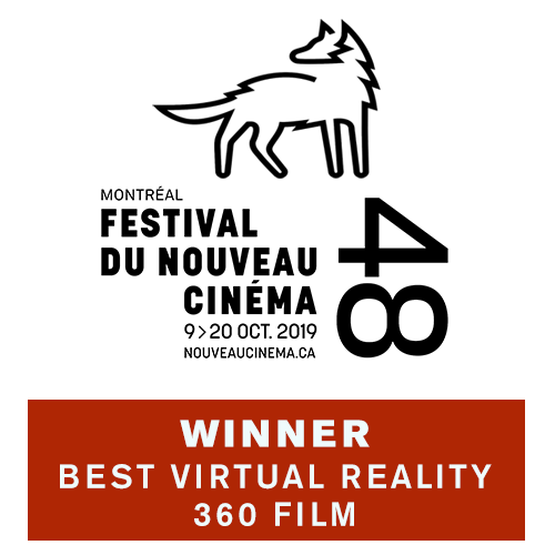 Logo of Montreal Festival du Nouveau Cinéma 2019 with a stylized wolf and text declaring winner for Best Virtual Reality 360 Film.