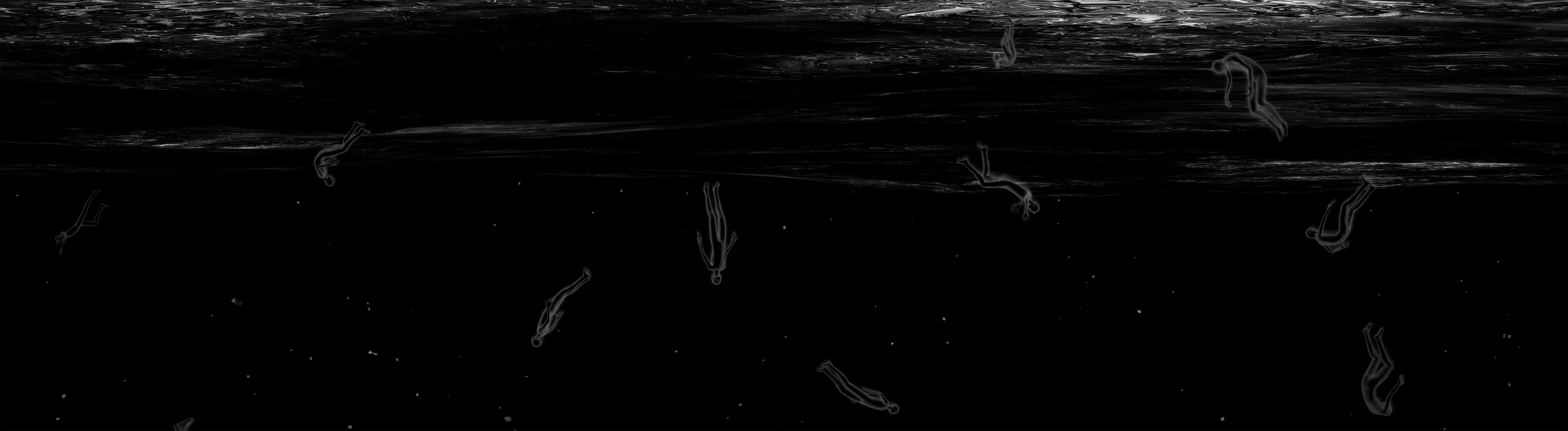 Black and white image of a dense cosmic nebula with swirling clouds and scattered stars.