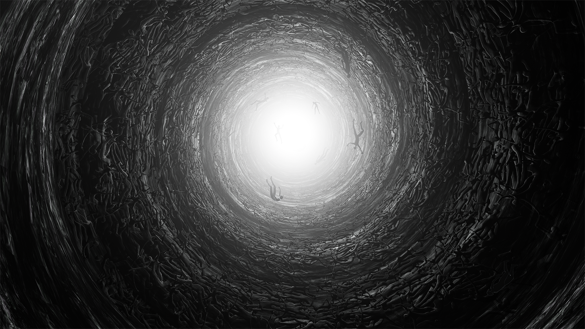 Aerial view of a calm dark river with two white birds swimming and reflections of leafless tree branches on the water surface.