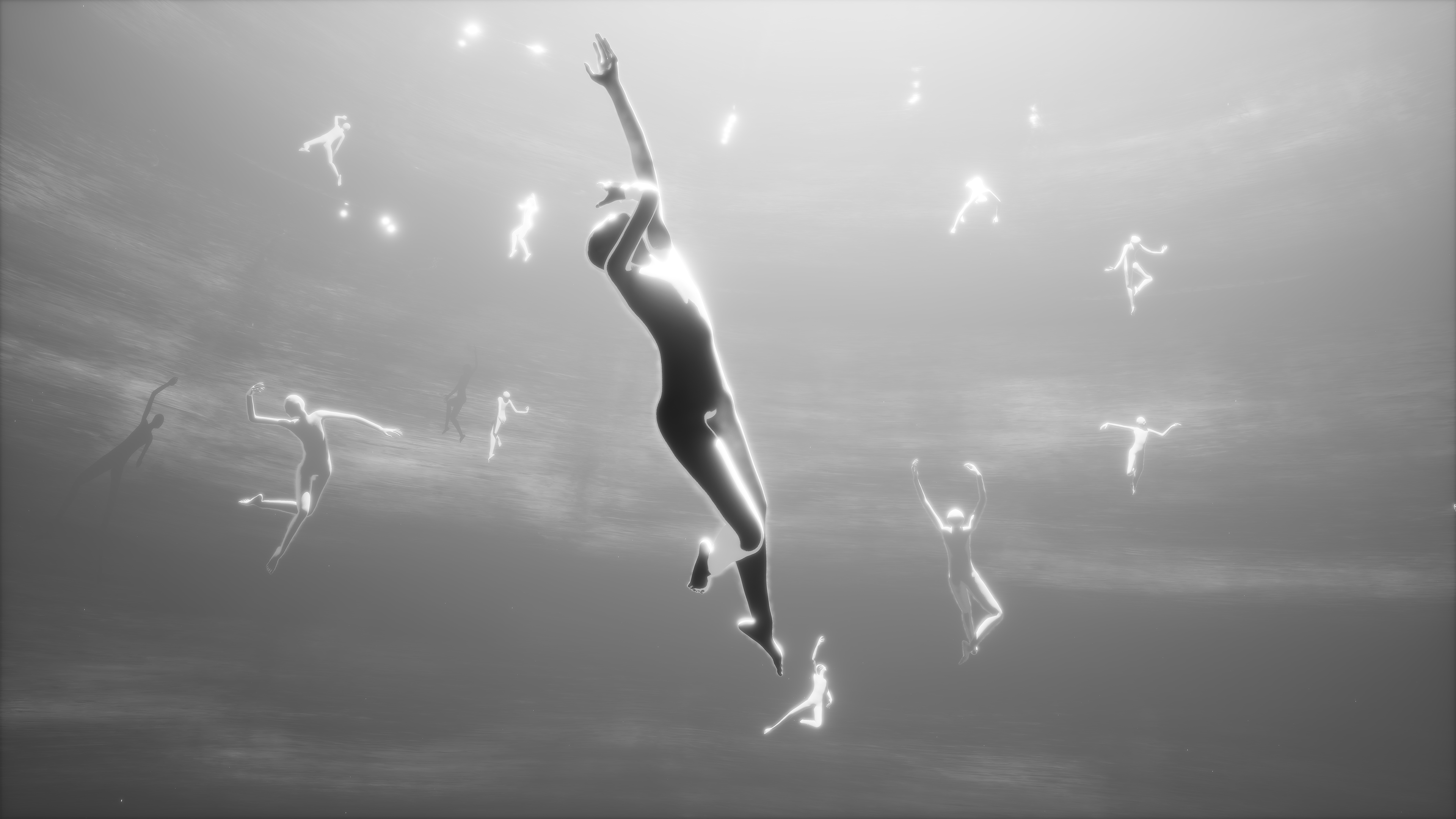 Black and white image of a dense cosmic nebula with swirling clouds and scattered stars.