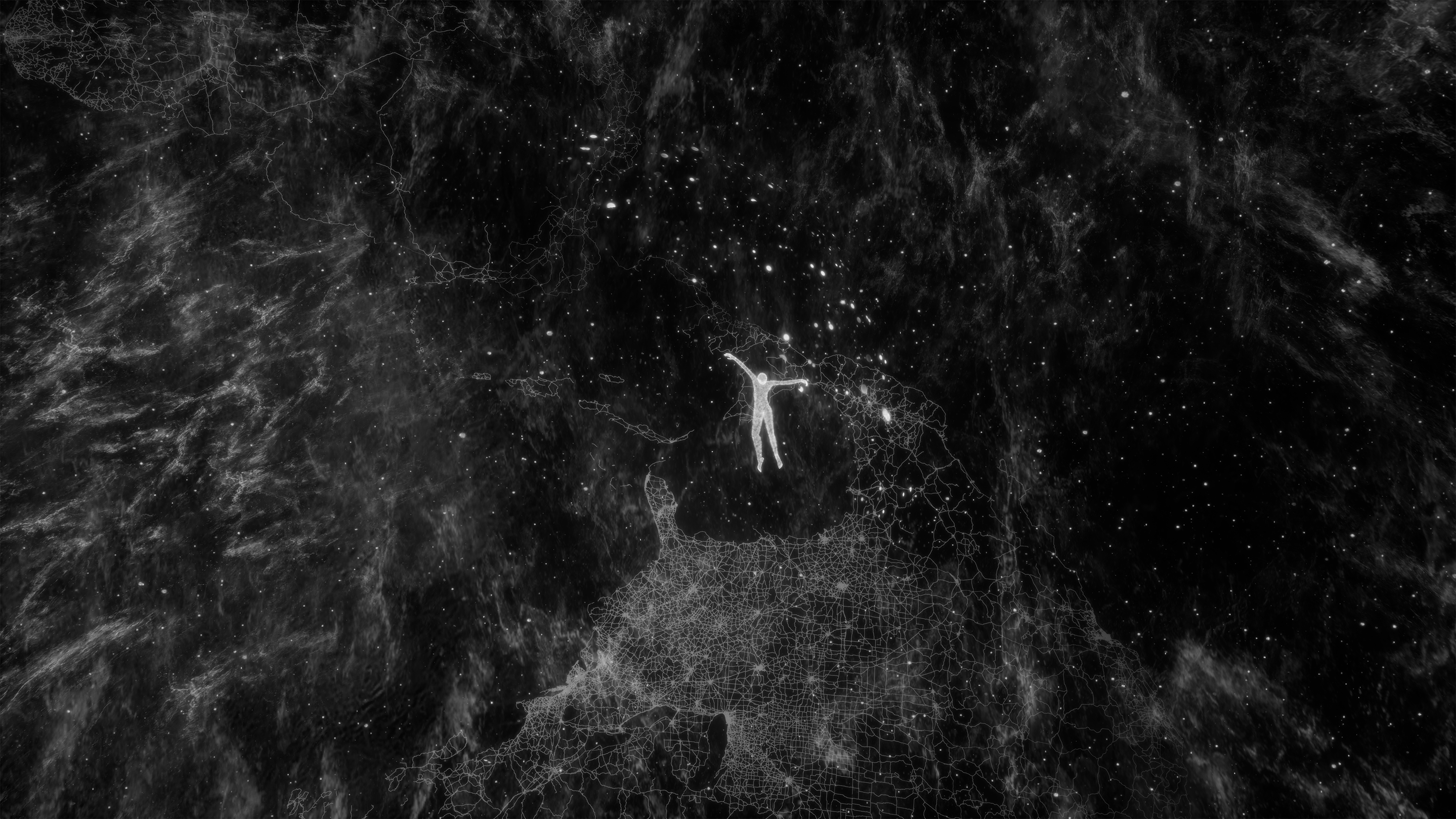 Aerial view of a calm dark river with two white birds swimming and reflections of leafless tree branches on the water surface.