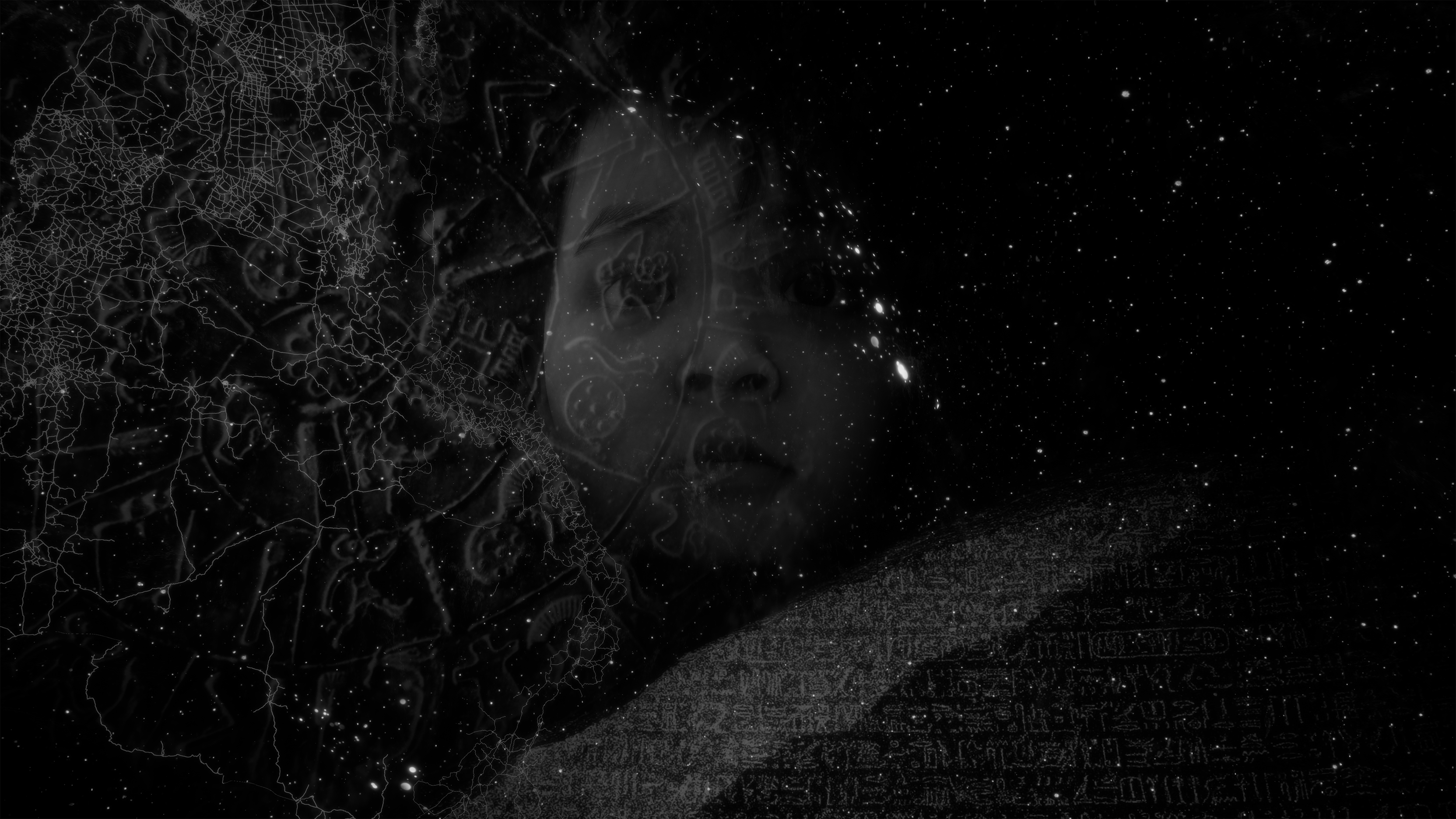 Aerial view of a calm dark river with two white birds swimming and reflections of leafless tree branches on the water surface.