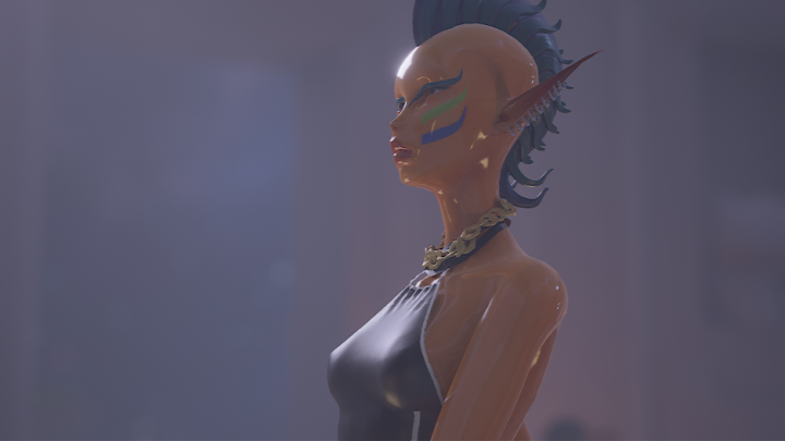 Side profile of a futuristic humanoid figure with blue mohawk, pointed elf-like ear, tribal face paint, and a chain necklace.