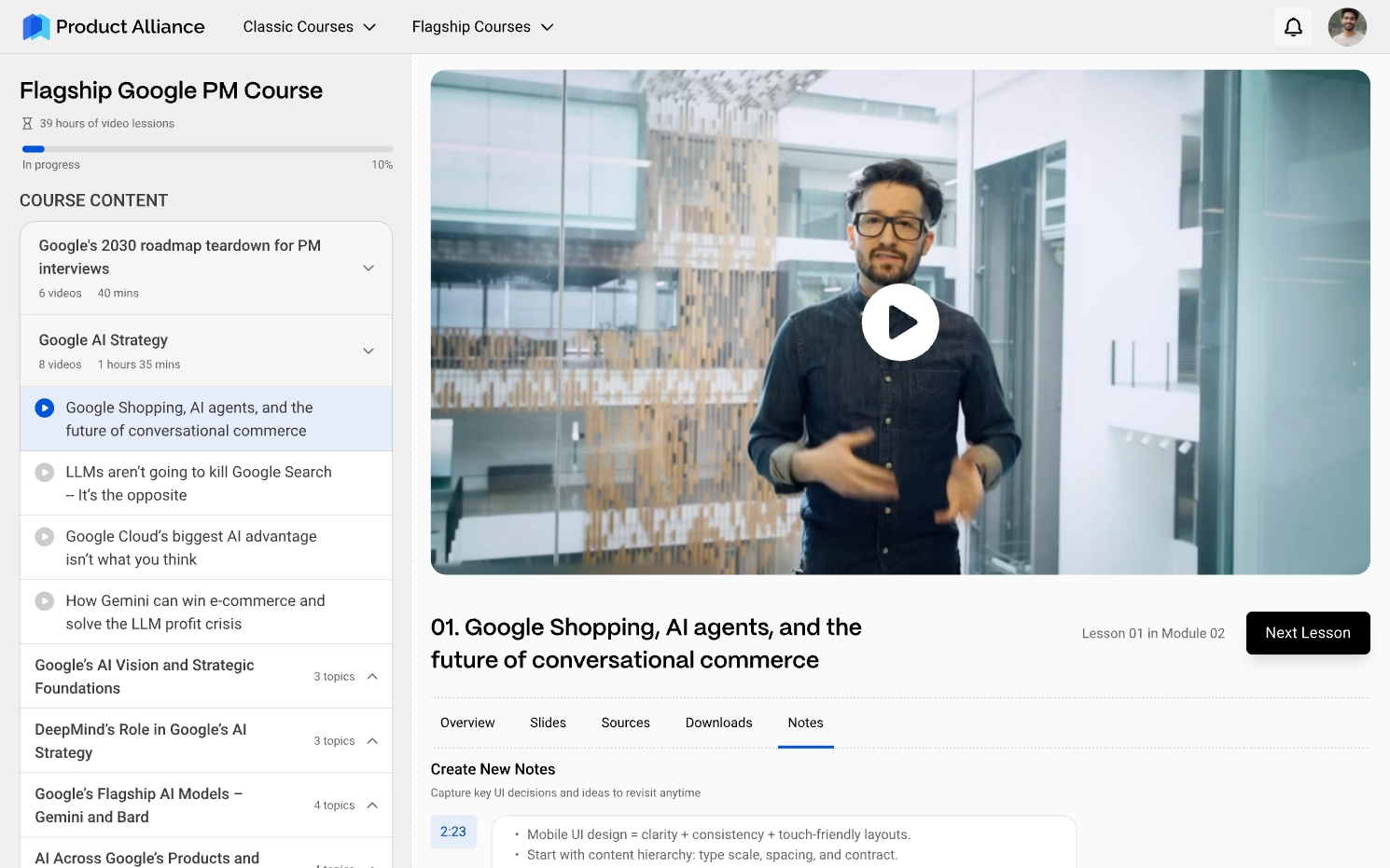 Course interface showing a man in a video player and a sidebar with Google PM course content including lessons on Google Shopping, AI agents, and conversational commerce.