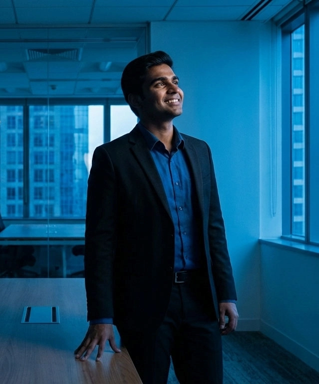 Smiling man in a suit standing by a table in a modern office with large windows showing a cityscape.