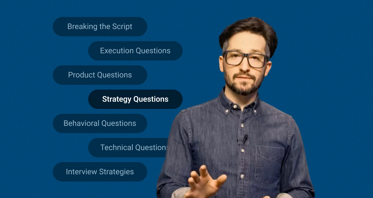 Man with glasses and beard in a denim shirt gesturing while standing against a blue background with text options including Breaking the Script, Execution Questions, Product Questions, Strategy Questions highlighted, Behavioral Questions, Technical Questions, and Interview Strategies.