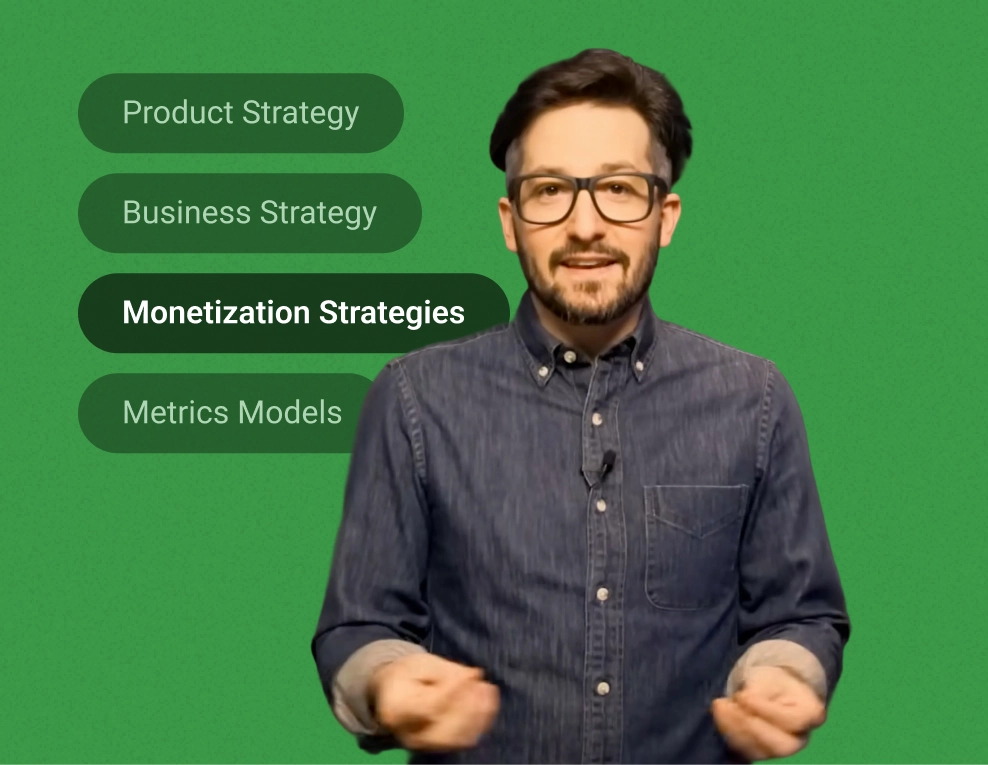 Man in glasses and denim shirt presenting with highlighted text blocks showing Product Strategy, Business Strategy, Monetization Strategies, and Metrics Models on green background.