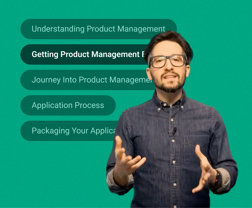 Man wearing glasses and a denim shirt gesturing while standing in front of a green background with a menu listing product management topics.