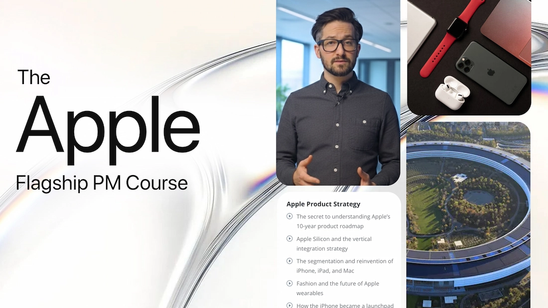 Collage with text 'The Google Flagship PM Course', a man in glasses and denim shirt, Google smart devices, and a Google building logo.