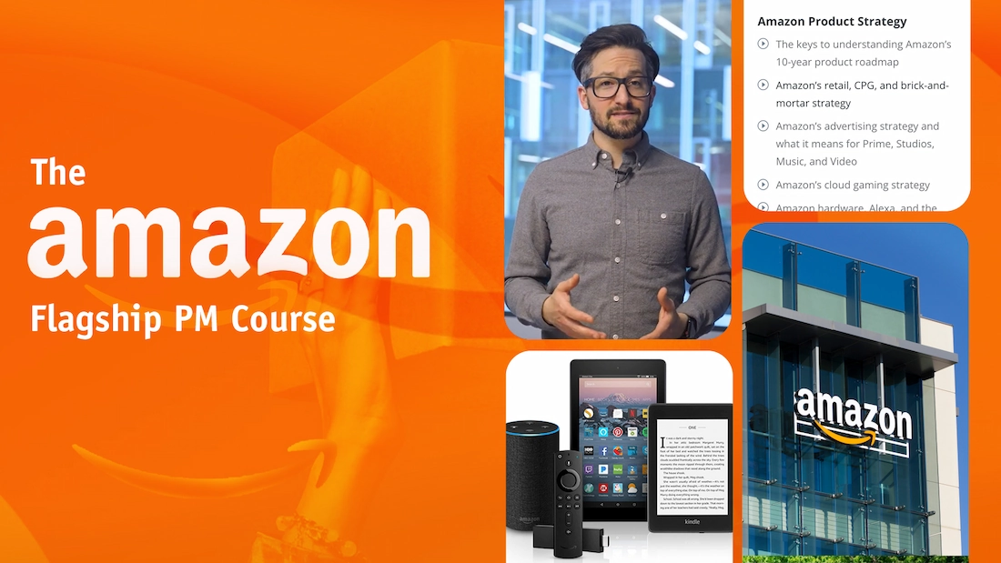 Collage with text 'The Google Flagship PM Course', a man in glasses and denim shirt, Google smart devices, and a Google building logo.