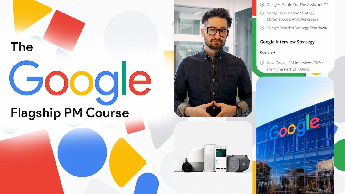 Collage with text 'The Google Flagship PM Course', a man in glasses and denim shirt, Google smart devices, and a Google building logo.