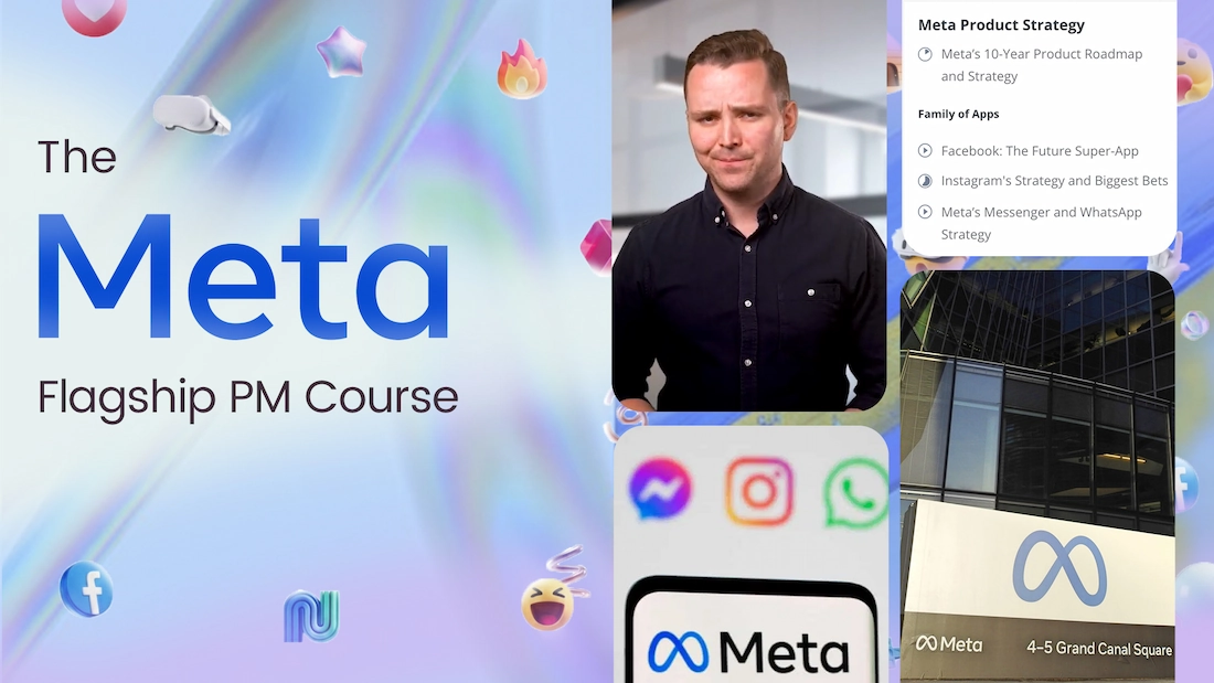 Collage with text 'The Google Flagship PM Course', a man in glasses and denim shirt, Google smart devices, and a Google building logo.