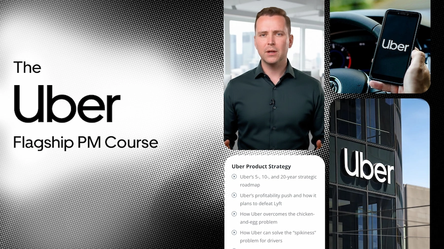 Promotional graphic for the Uber Flagship PM Course featuring a young man, Uber app on a smartphone, a building with Uber signage, and a blurred Uber job offer letter.