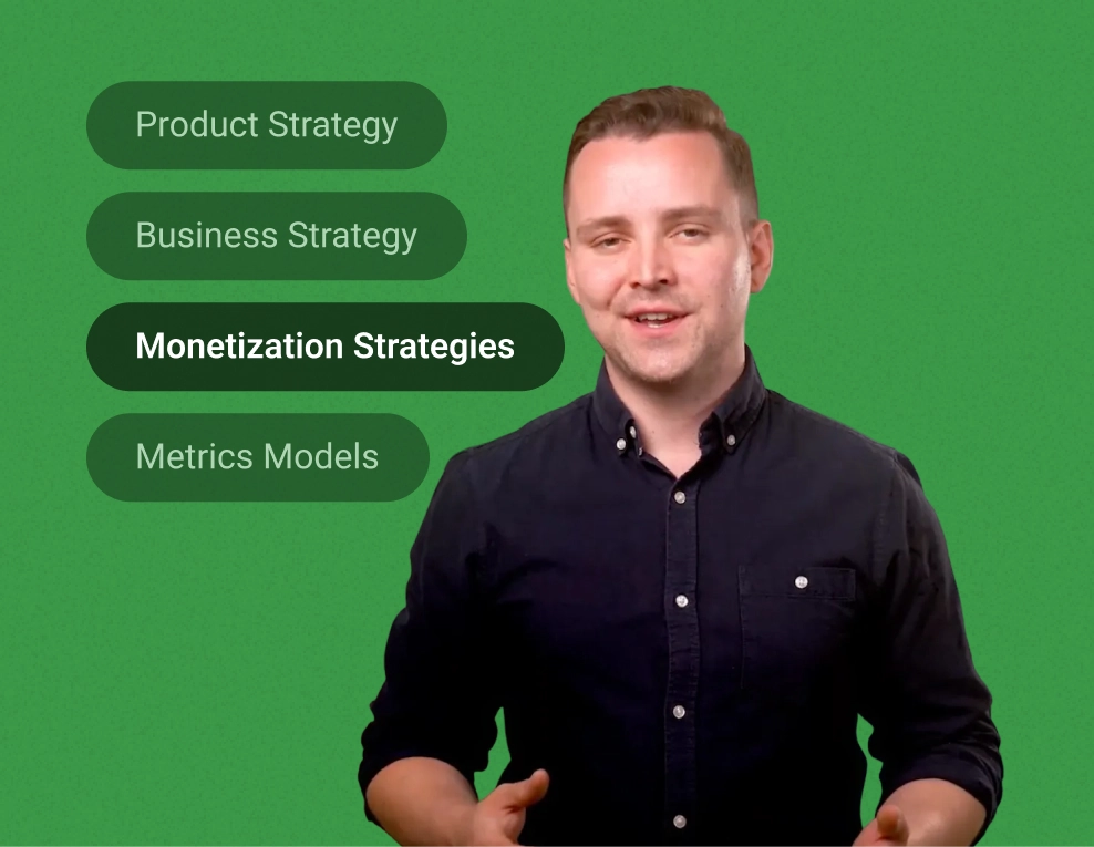 Man in glasses and denim shirt presenting with highlighted text blocks showing Product Strategy, Business Strategy, Monetization Strategies, and Metrics Models on green background.