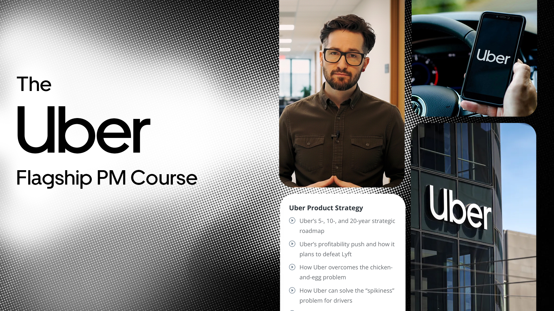 Promotional graphic for the Uber Flagship PM Course featuring a young man, Uber app on a smartphone, a building with Uber signage, and a blurred Uber job offer letter.